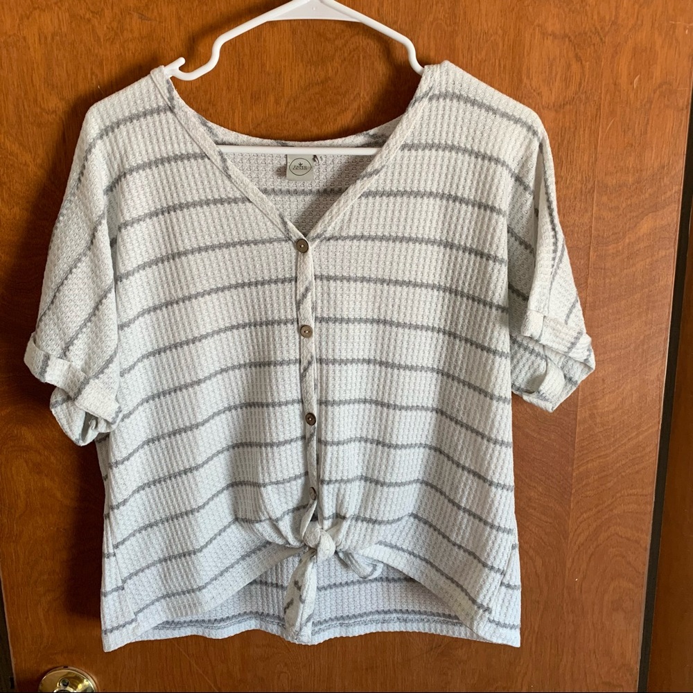 Waffle Knit Striped Button Up w/ Tie Front